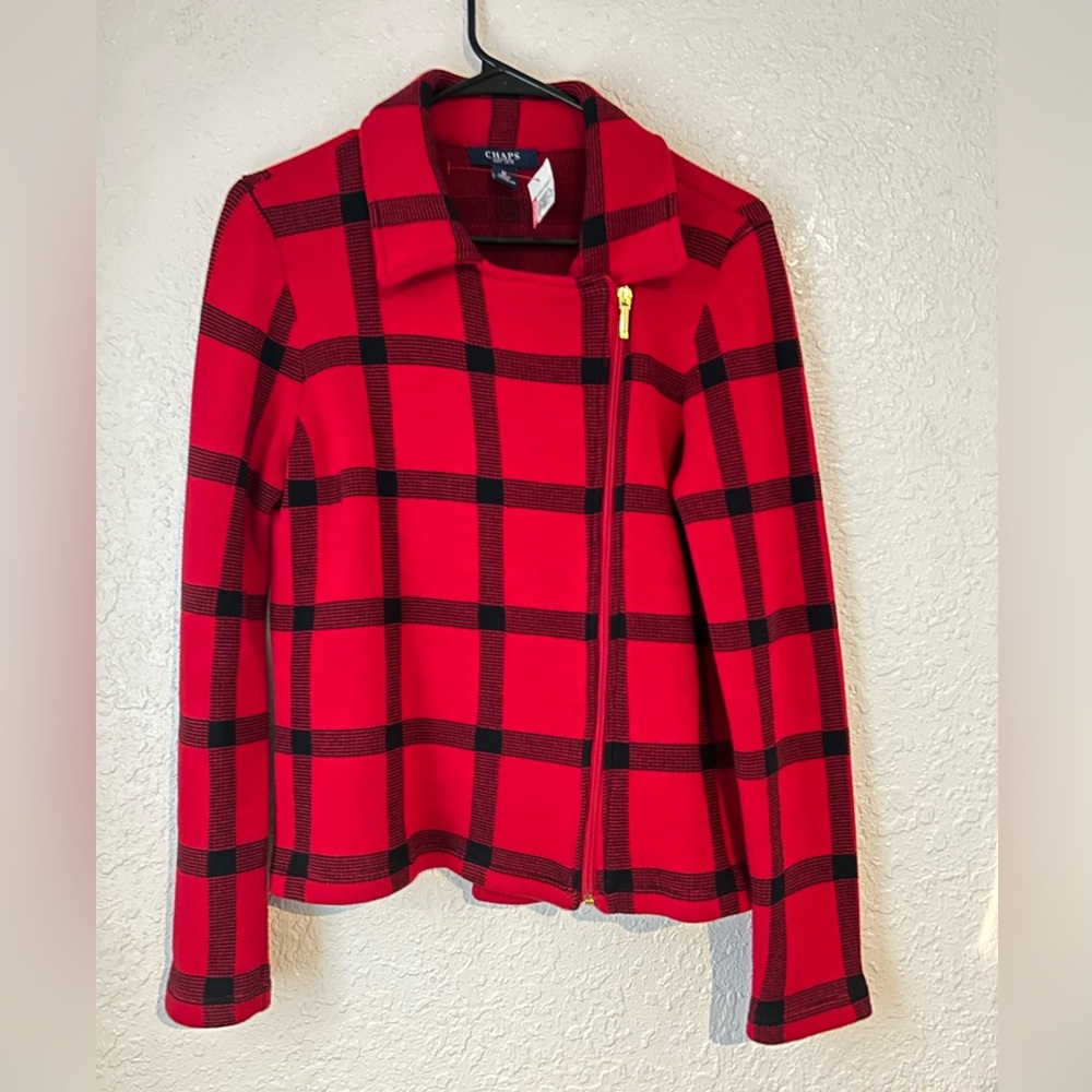 Chaps Knit Jacket Large Red/Black Windowpane Plaid 100% Cotton, size Medium